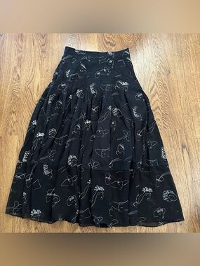 CO Collections Black Midi Skirt with White Line-Drawn Print NO SIZE lined